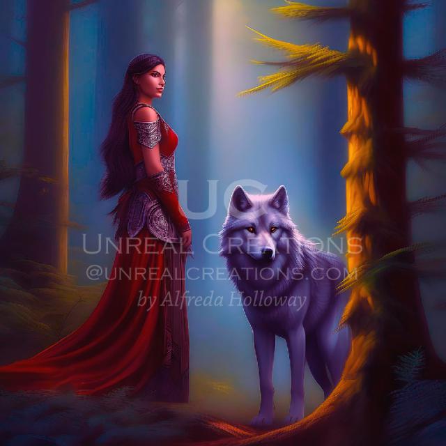 Woman and Wolf - AI Generated